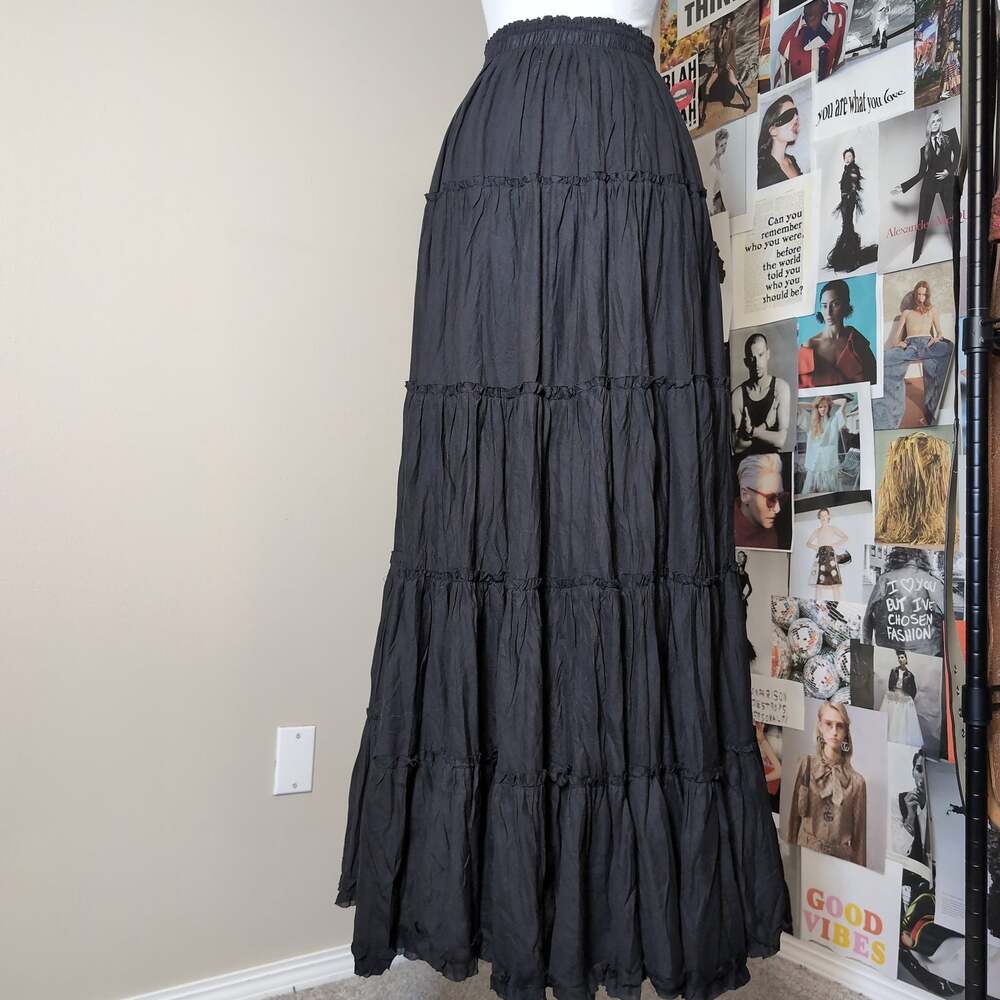 Black Tiered Crinkled Maxi Skirt Gothic